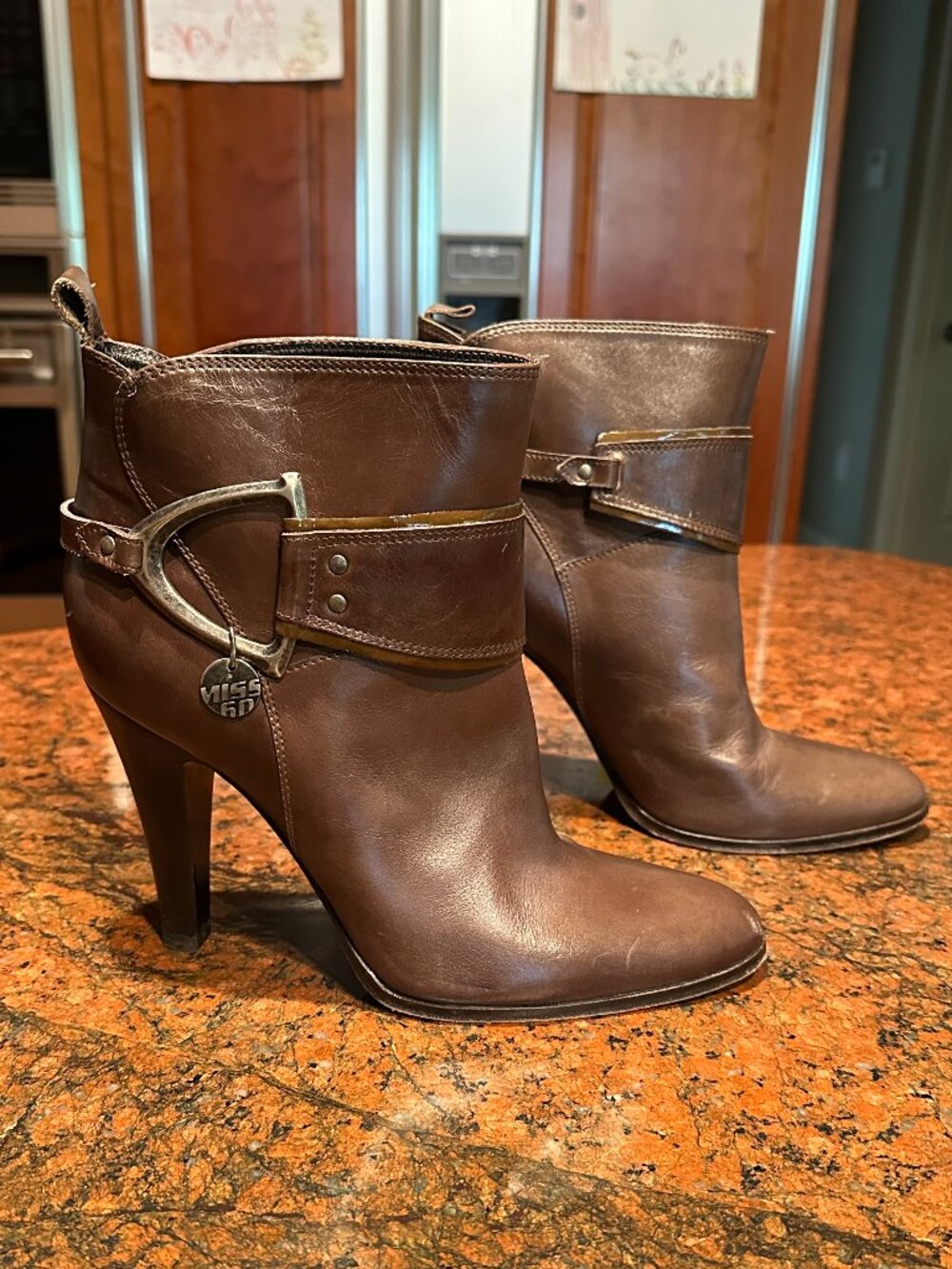 Miss Sixty heeled boots, brown leather with ankle strap, buckle and charm, 8.5 M
